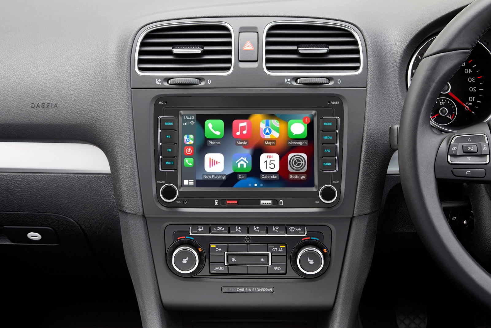 Volkswagen dashboard fitted with an Automodz wireless Apple CarPlay and Android Auto touchscreen stereo